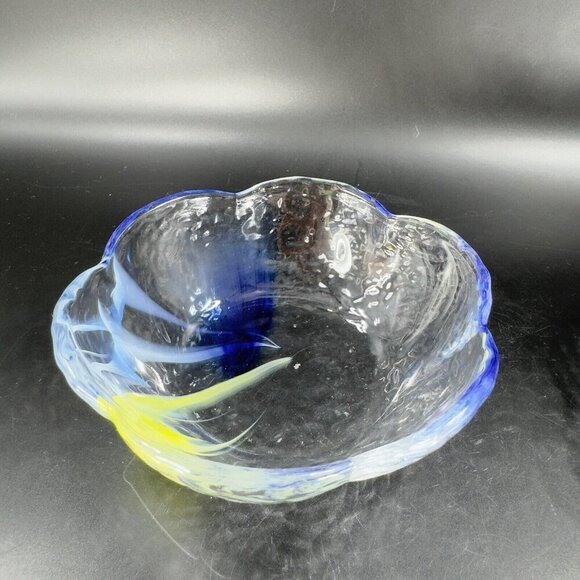 Vintage Aderia Glass Bowl Set 2 Made In Japan Clear Blue Yellow Swirls Ruffled - Picture 8 of 16